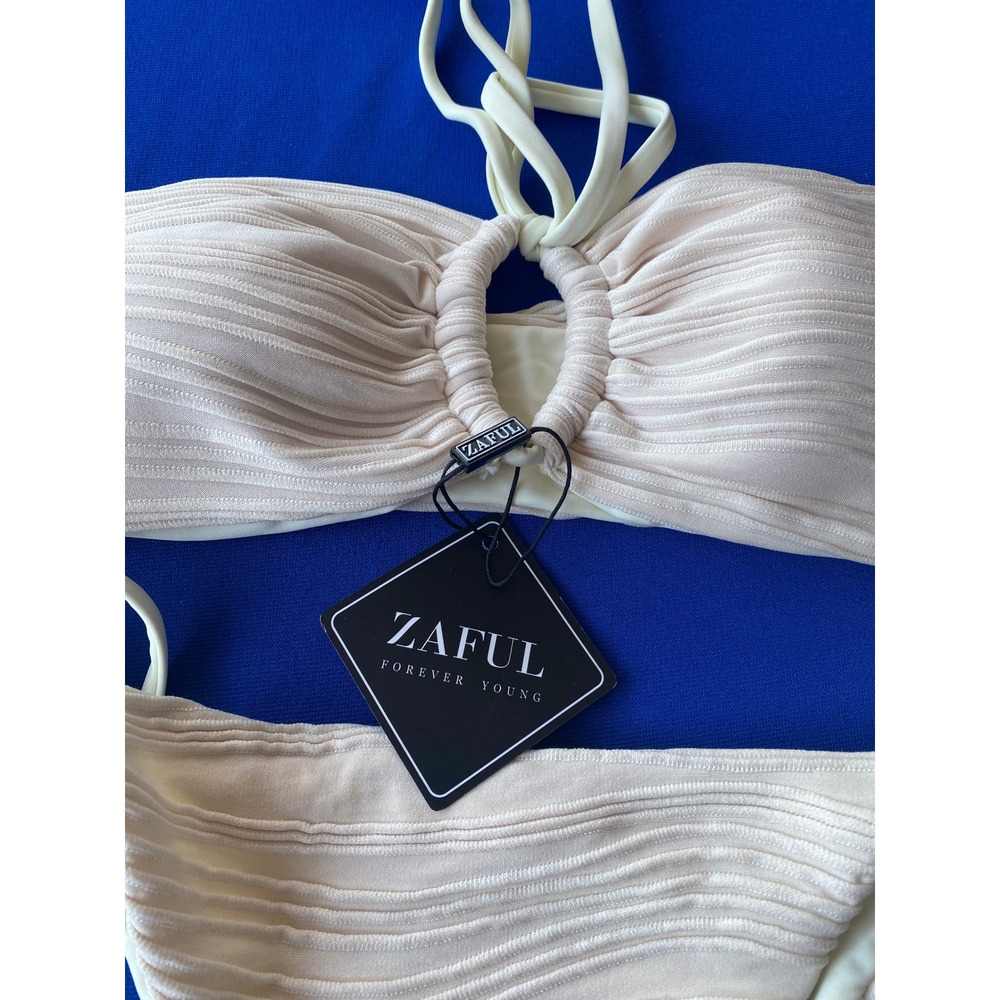 ZAFUL Ribbed Ring Detail Bikini Set Cream Off White Size Small New With Tags - Picture 3 of 7